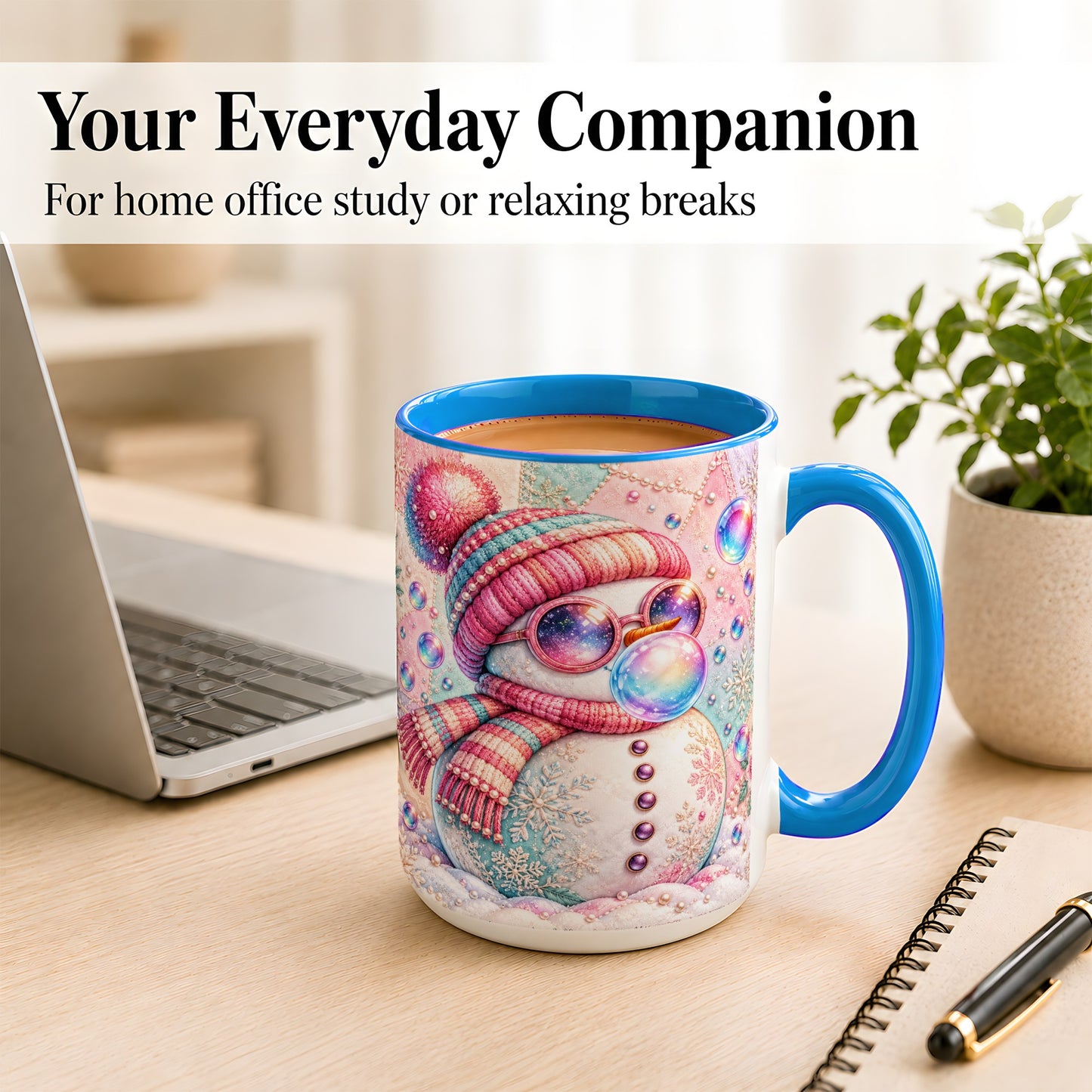 #pl[15oz|Blue] Pink Snowman Coffee Mug, Cozy Winter Snowman Mug, Ceramic Cup