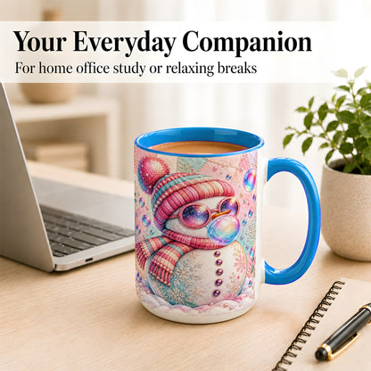 #pl[15oz|Blue] Pink Snowman Coffee Mug, Cozy Winter Snowman Mug, Ceramic Cup