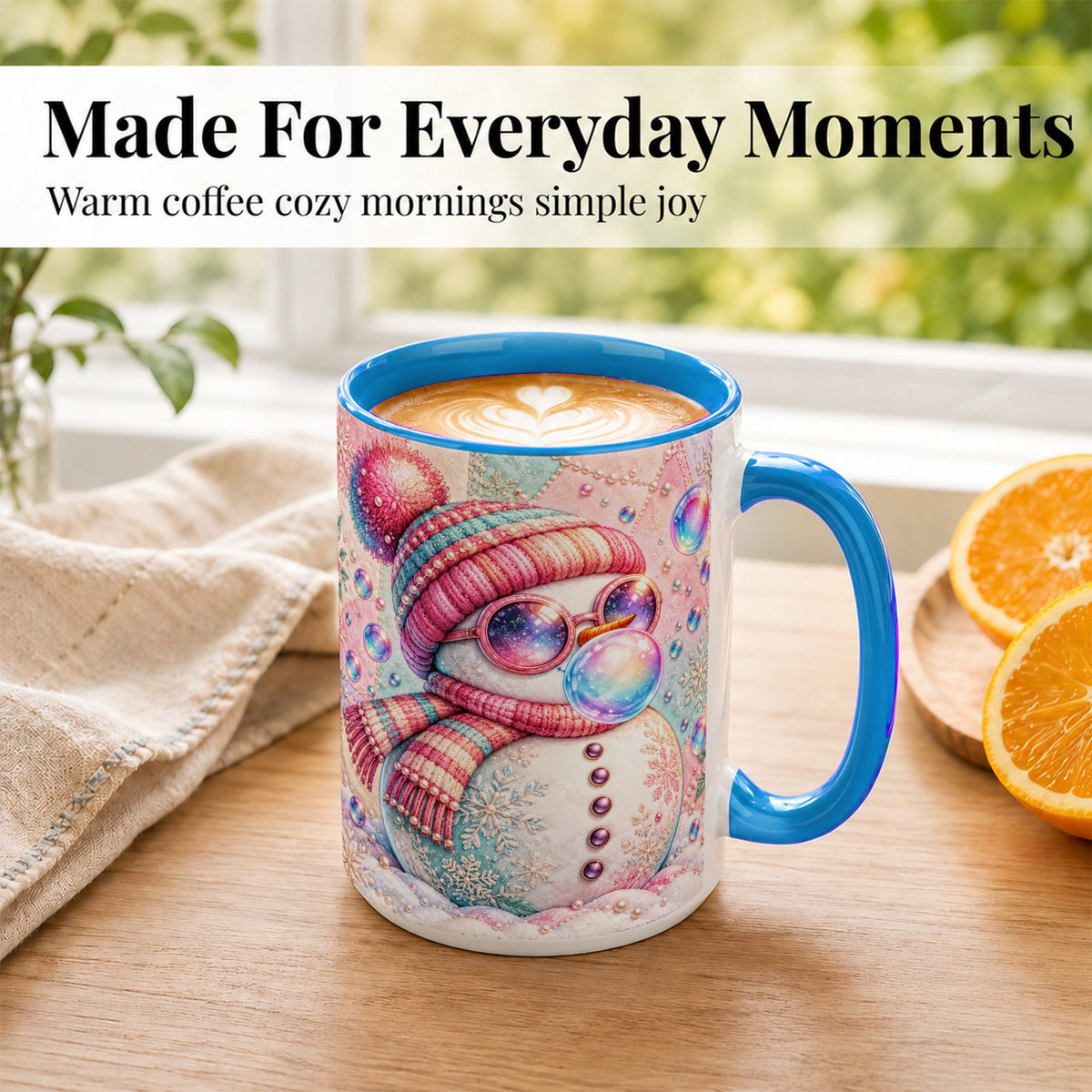 #pl[15oz|Blue] Pink Snowman Coffee Mug, Cozy Winter Snowman Mug, Ceramic Cup