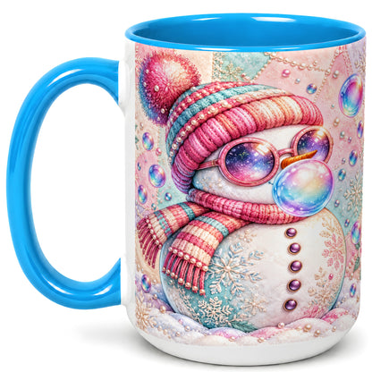 #pl[15oz|Blue] Pink Snowman Coffee Mug, Cozy Winter Snowman Mug, Ceramic Cup