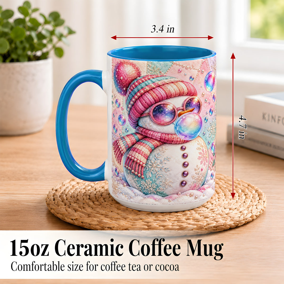 #pl[15oz|Blue] Pink Snowman Coffee Mug, Cozy Winter Snowman Mug, Ceramic Cup