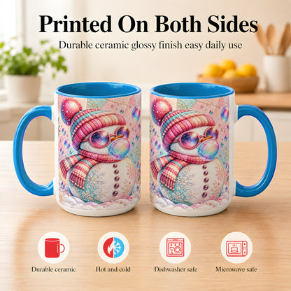 #pl[15oz|Blue] Pink Snowman Coffee Mug, Cozy Winter Snowman Mug, Ceramic Cup