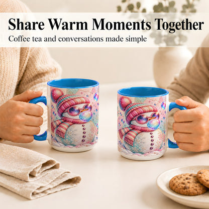#pl[15oz|Blue] Pink Snowman Coffee Mug, Cozy Winter Snowman Mug, Ceramic Cup