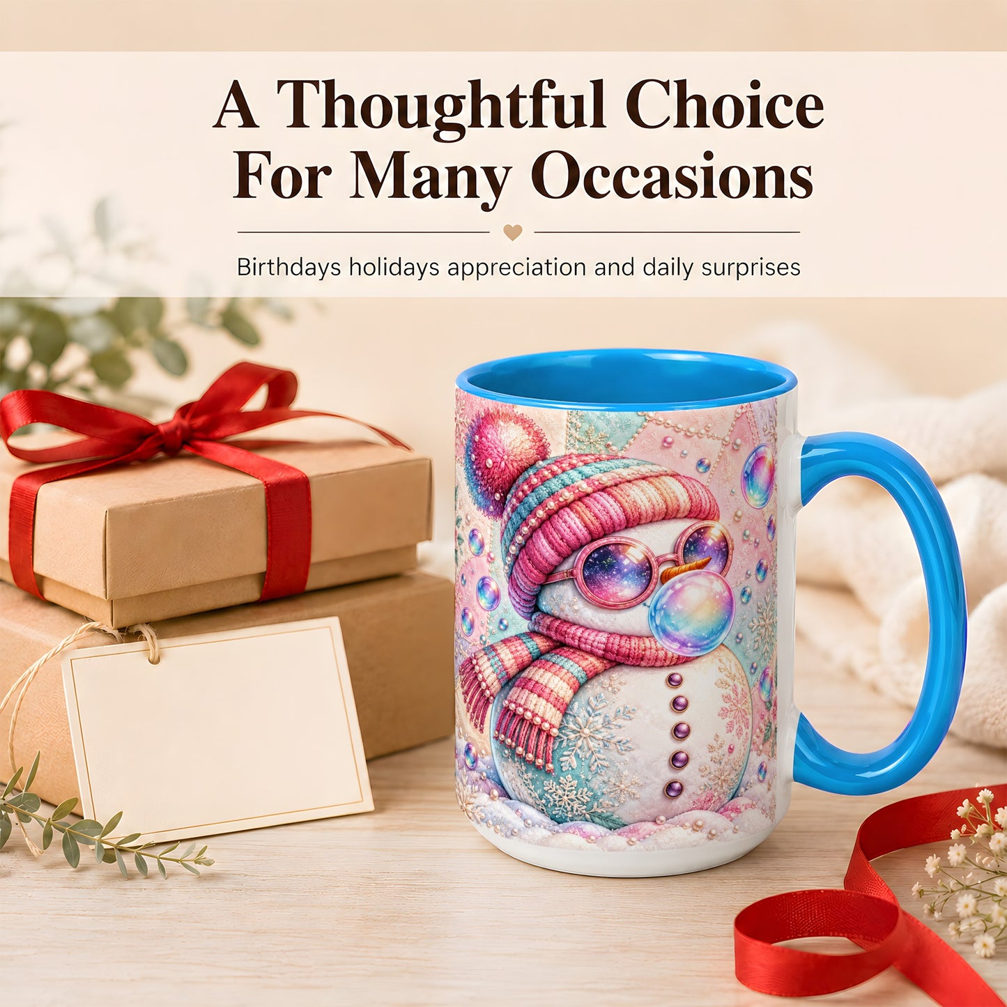 #pl[15oz|Blue] Pink Snowman Coffee Mug, Cozy Winter Snowman Mug, Ceramic Cup