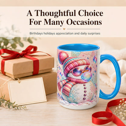 #pl[15oz|Blue] Pink Snowman Coffee Mug, Cozy Winter Snowman Mug, Ceramic Cup