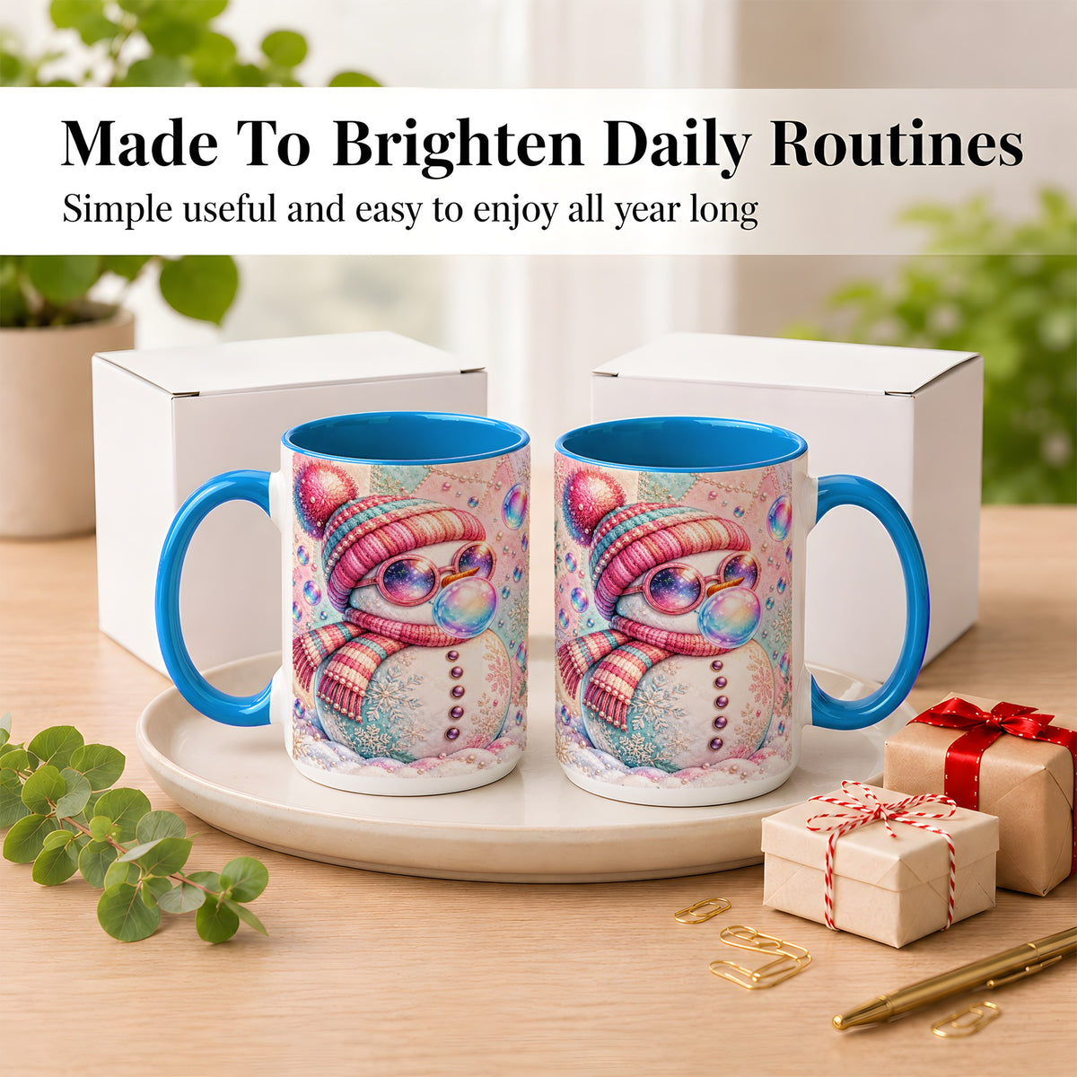 #pl[15oz|Blue] Pink Snowman Coffee Mug, Cozy Winter Snowman Mug, Ceramic Cup
