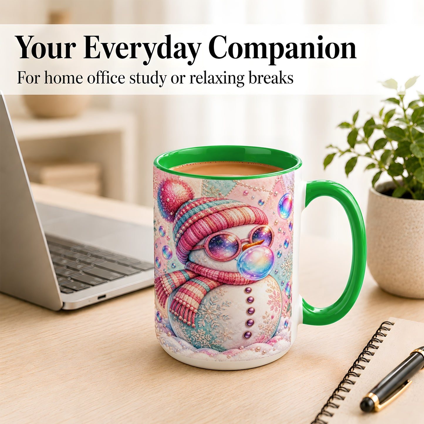 #pl[15oz|Green] Pink Snowman Coffee Mug, Cozy Winter Snowman Mug, Ceramic Cup