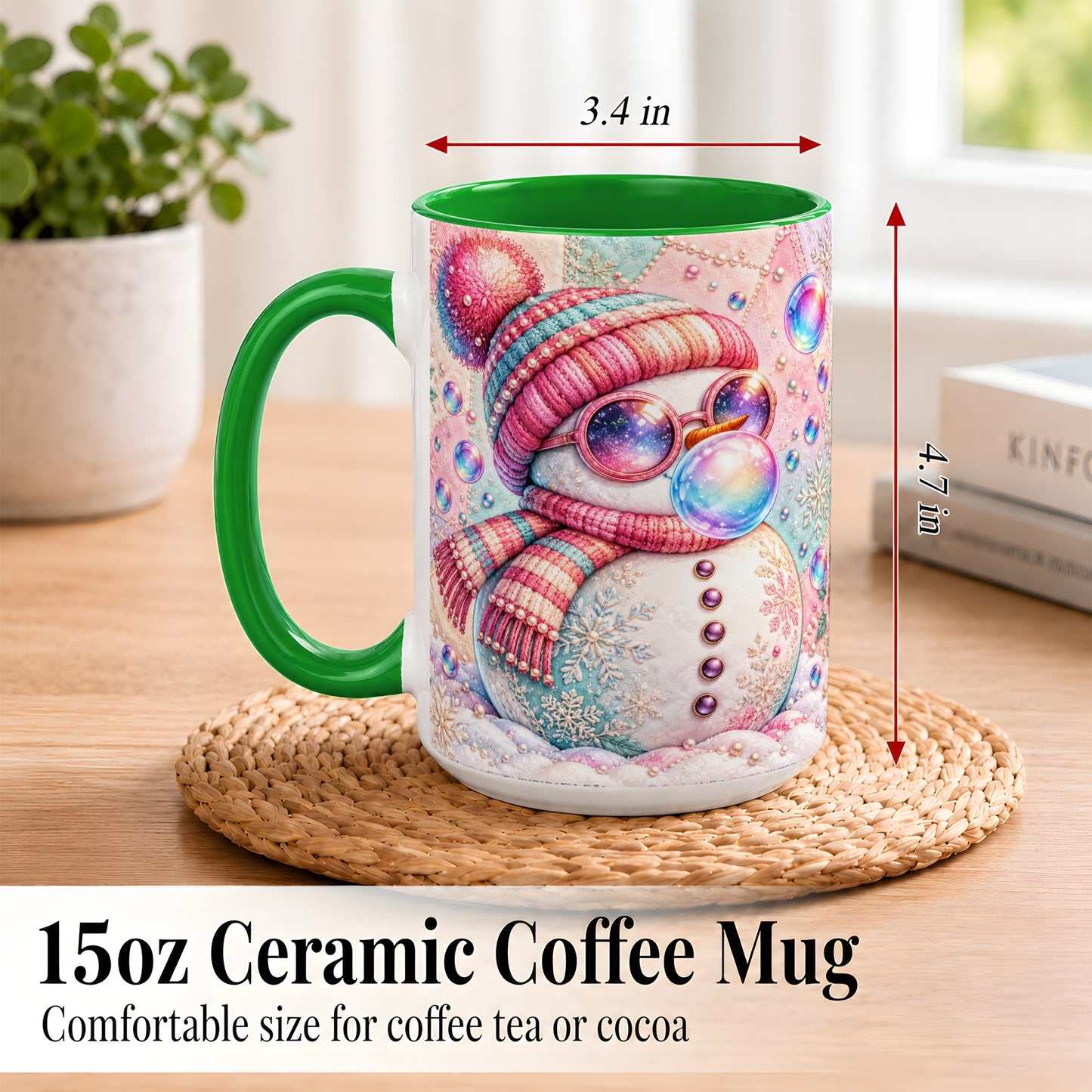 #pl[15oz|Green] Pink Snowman Coffee Mug, Cozy Winter Snowman Mug, Ceramic Cup