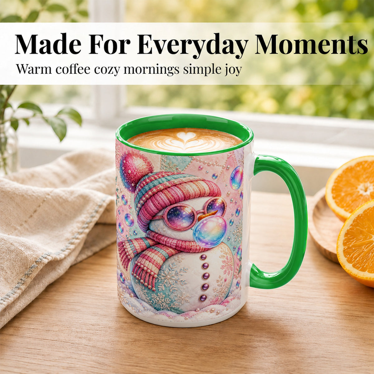 #pl[15oz|Green] Pink Snowman Coffee Mug, Cozy Winter Snowman Mug, Ceramic Cup