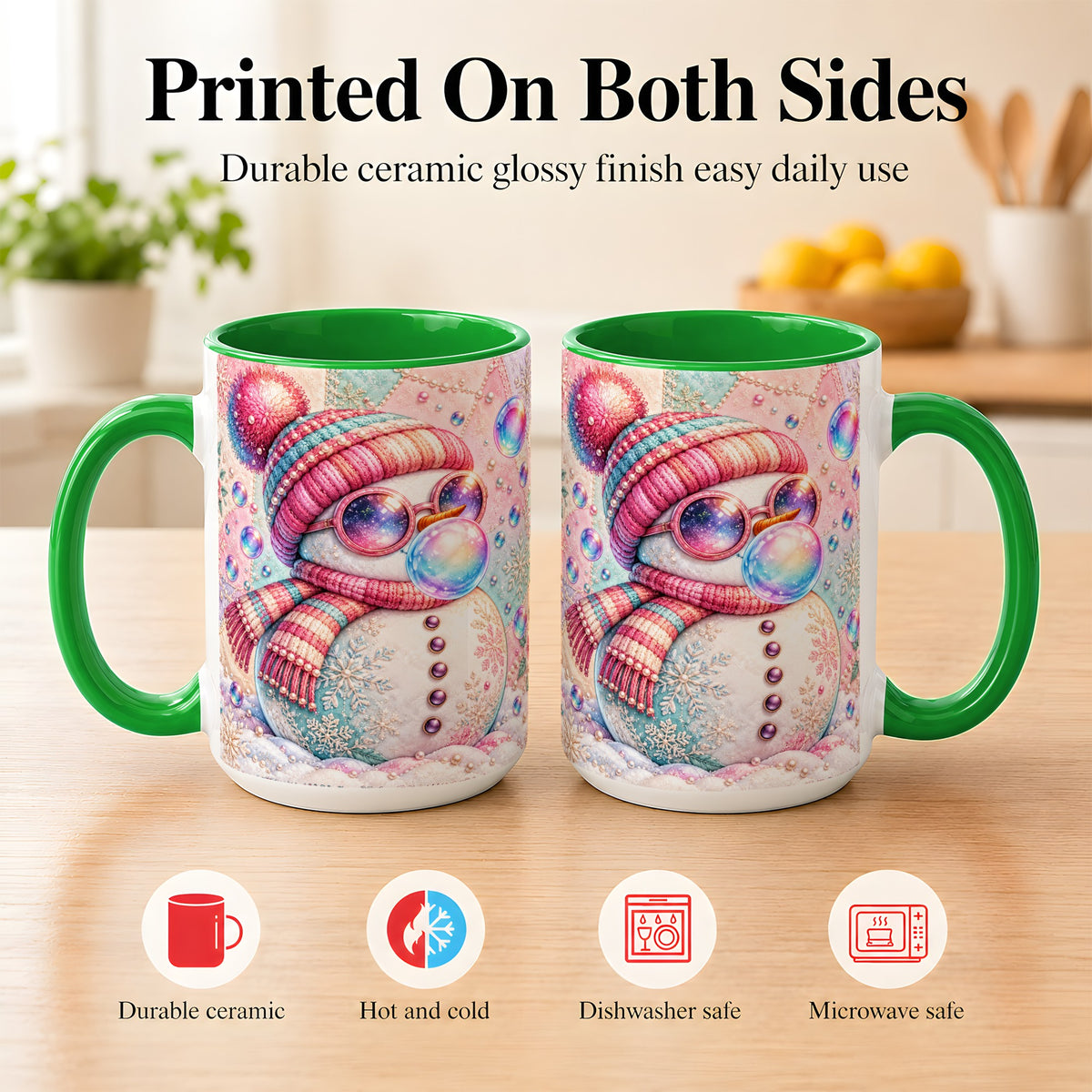 #pl[15oz|Green] Pink Snowman Coffee Mug, Cozy Winter Snowman Mug, Ceramic Cup