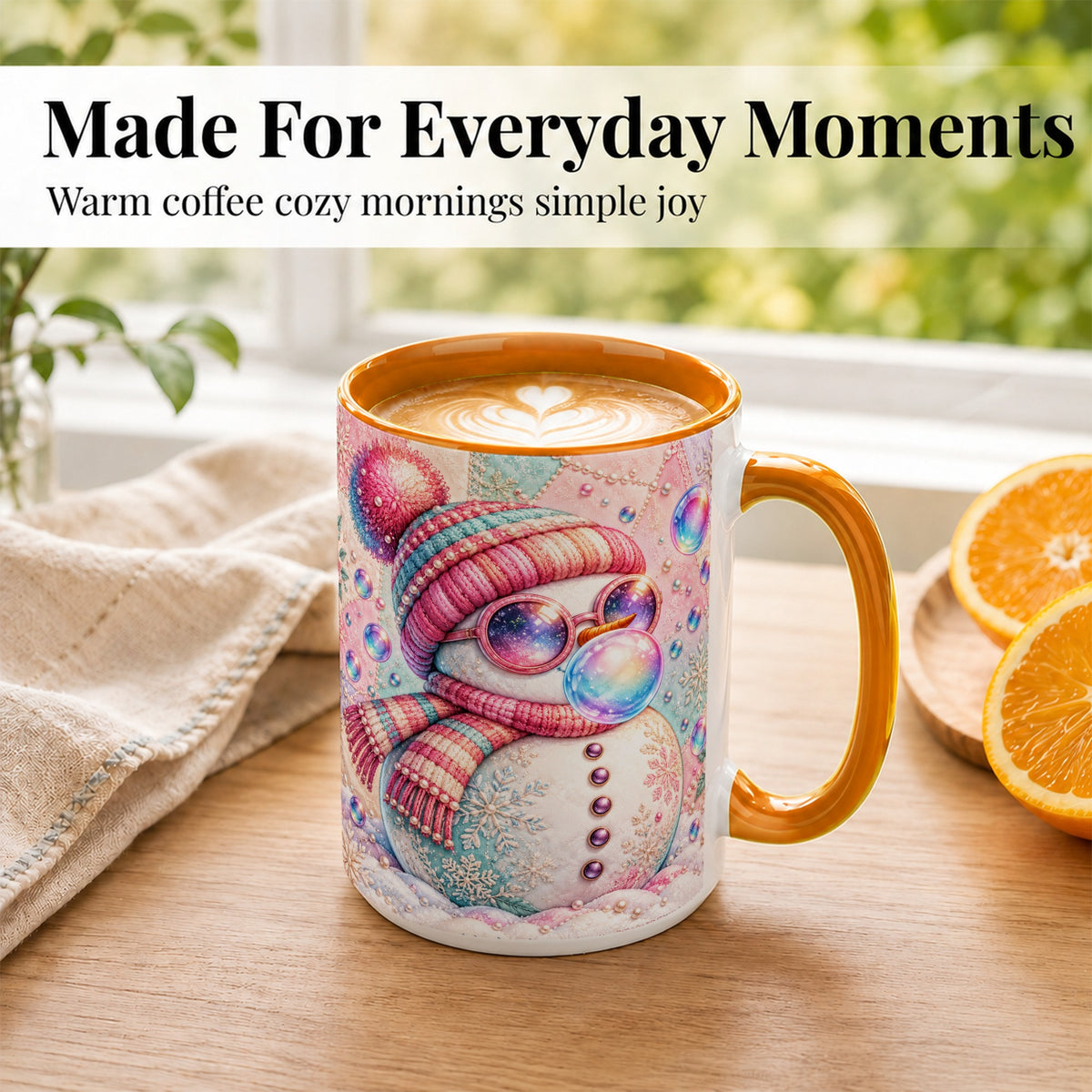 #pl[15oz|Orange] Pink Snowman Coffee Mug, Cozy Winter Snowman Mug, Ceramic Cup