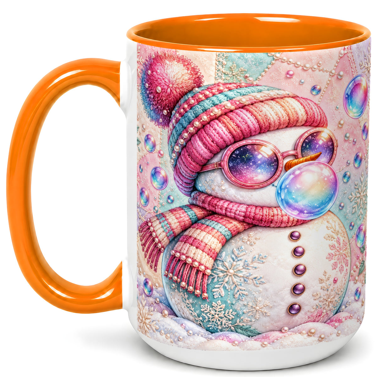#pl[15oz|Orange] Pink Snowman Coffee Mug, Cozy Winter Snowman Mug, Ceramic Cup