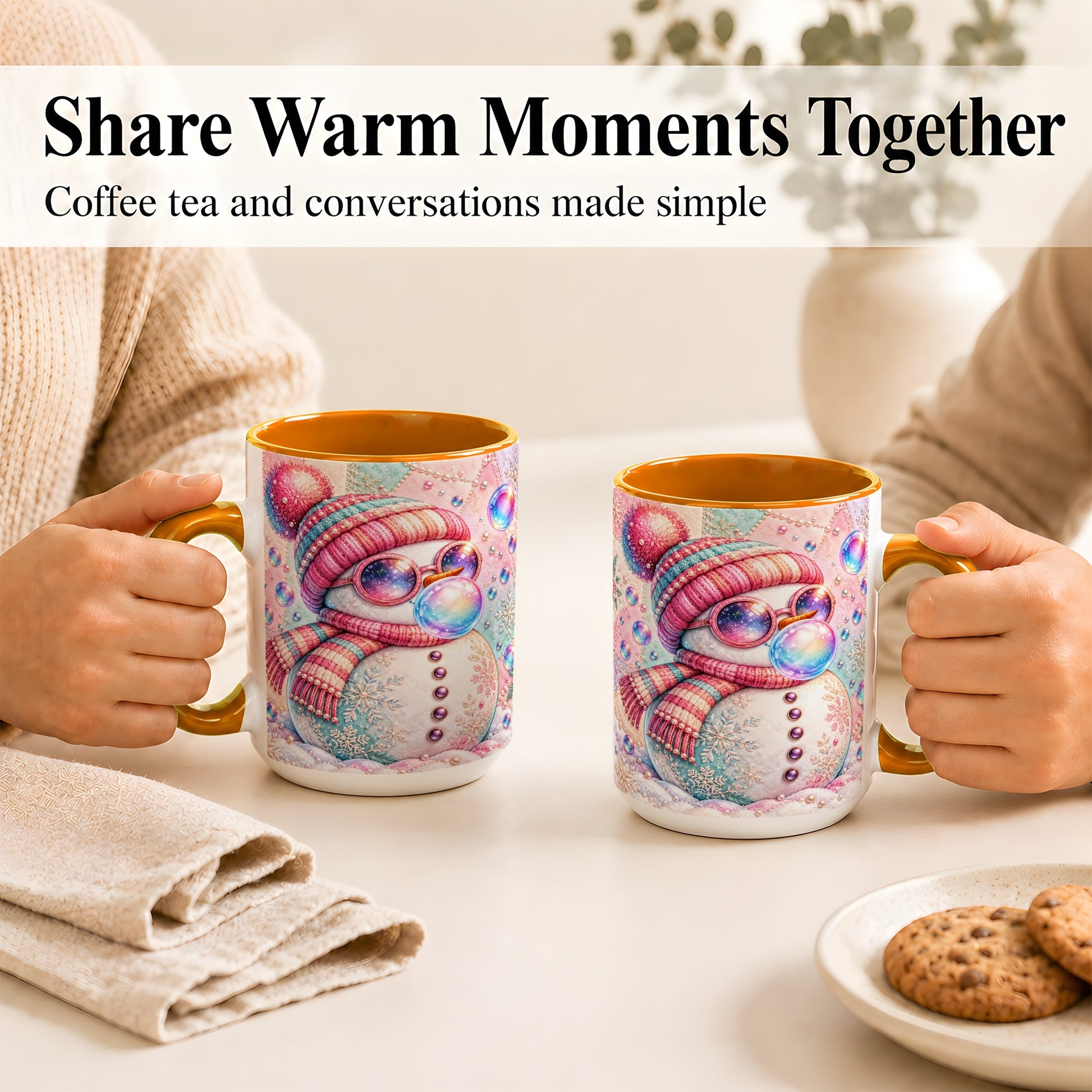 #pl[15oz|Orange] Pink Snowman Coffee Mug, Cozy Winter Snowman Mug, Ceramic Cup