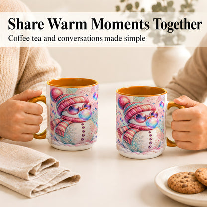 #pl[15oz|Orange] Pink Snowman Coffee Mug, Cozy Winter Snowman Mug, Ceramic Cup
