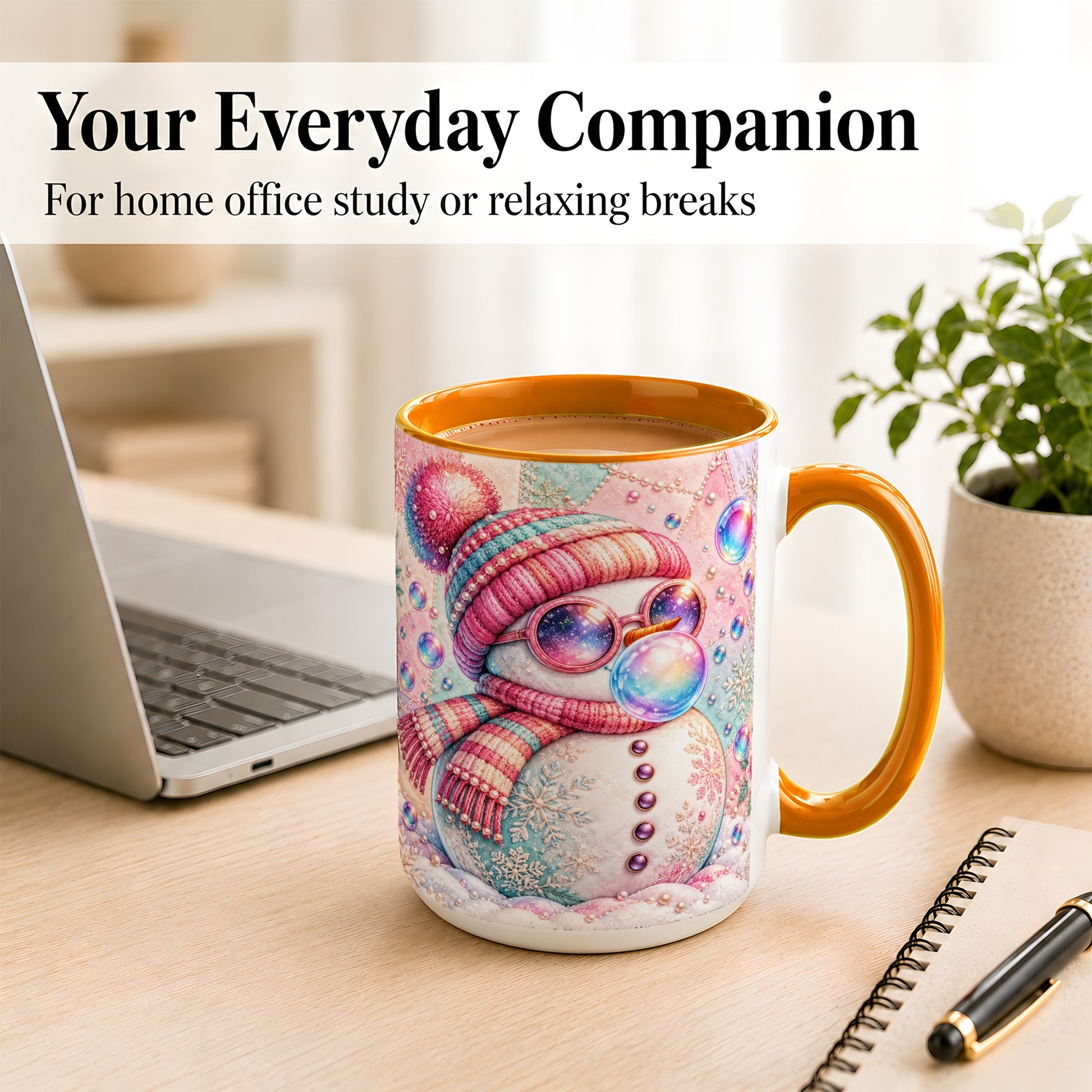 #pl[15oz|Orange] Pink Snowman Coffee Mug, Cozy Winter Snowman Mug, Ceramic Cup