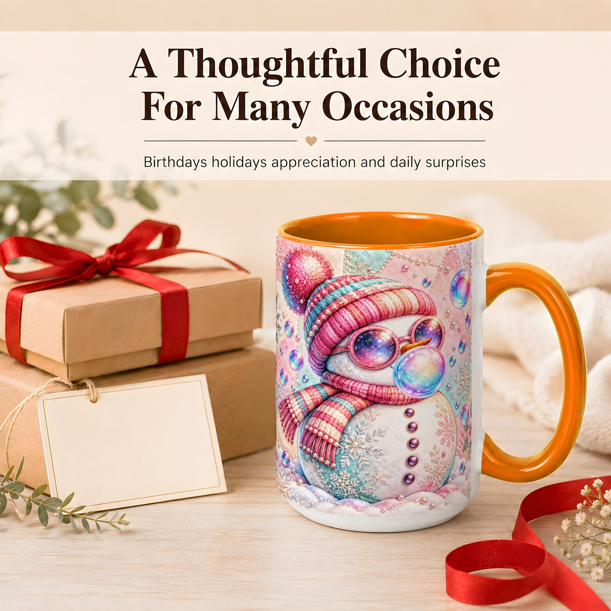 #pl[15oz|Orange] Pink Snowman Coffee Mug, Cozy Winter Snowman Mug, Ceramic Cup