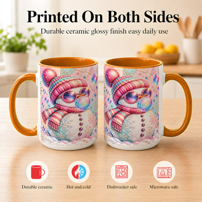#pl[15oz|Orange] Pink Snowman Coffee Mug, Cozy Winter Snowman Mug, Ceramic Cup