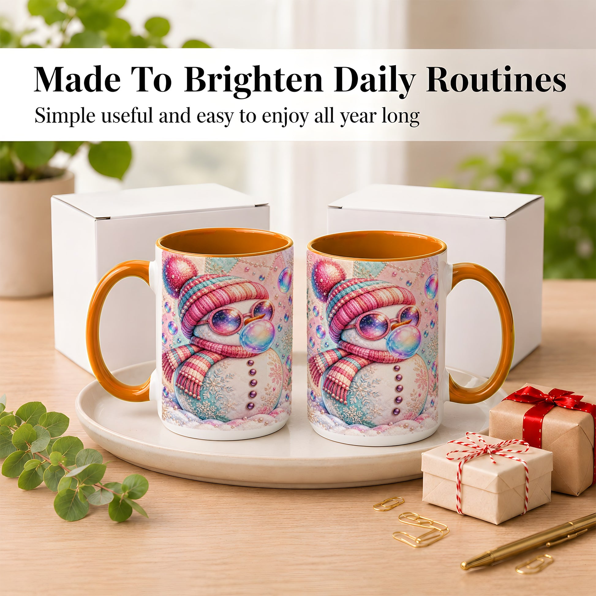 #pl[15oz|Orange] Pink Snowman Coffee Mug, Cozy Winter Snowman Mug, Ceramic Cup
