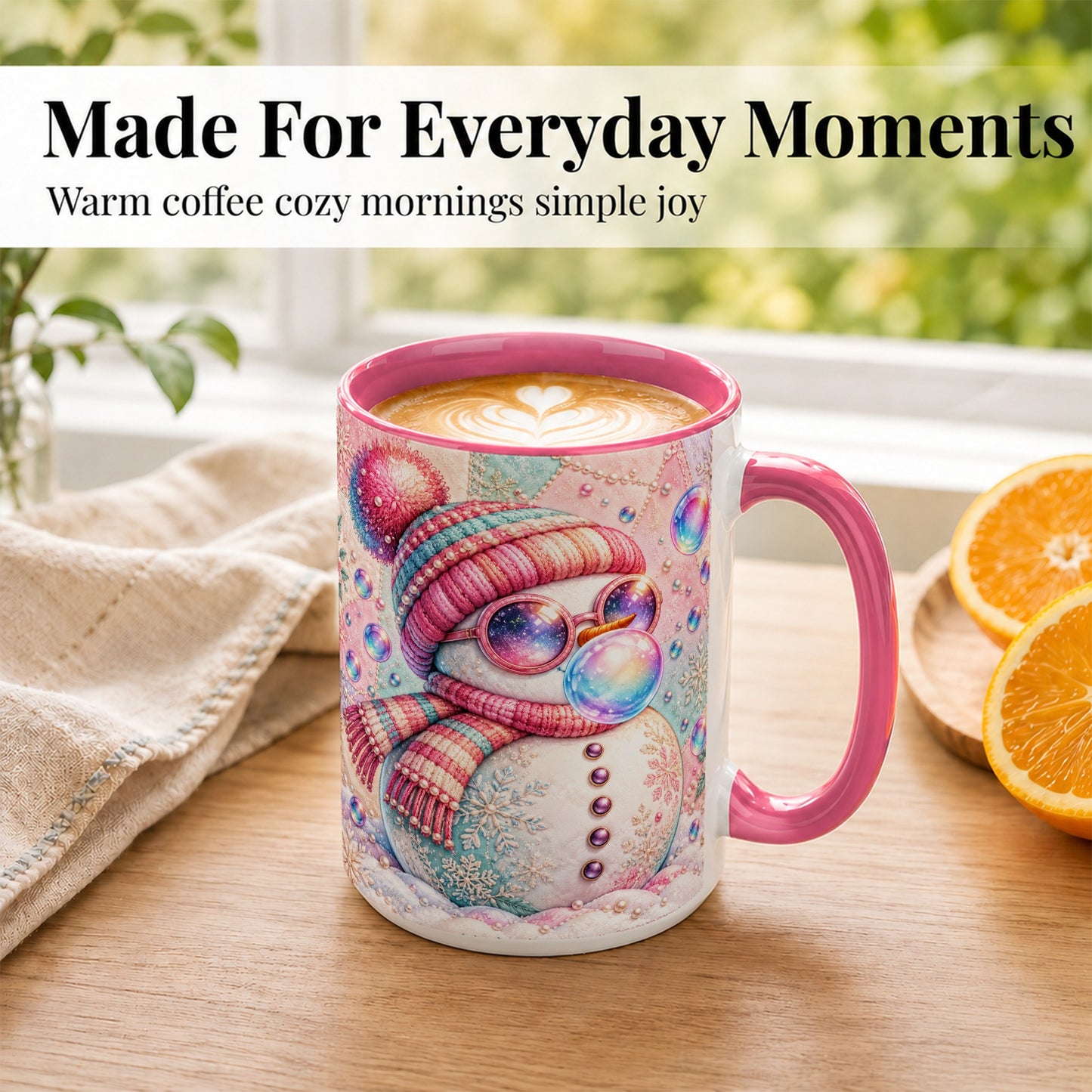 #pl[15oz|Pink] Pink Snowman Coffee Mug, Cozy Winter Snowman Mug, Ceramic Cup