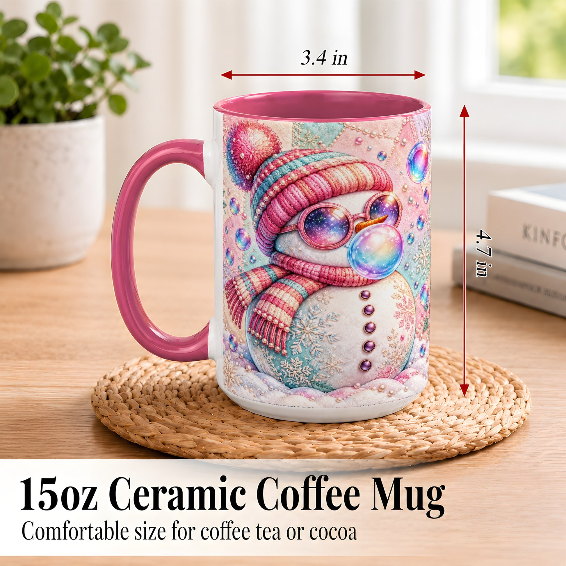 #pl[15oz|Pink] Pink Snowman Coffee Mug, Cozy Winter Snowman Mug, Ceramic Cup