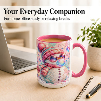 #pl[15oz|Pink] Pink Snowman Coffee Mug, Cozy Winter Snowman Mug, Ceramic Cup