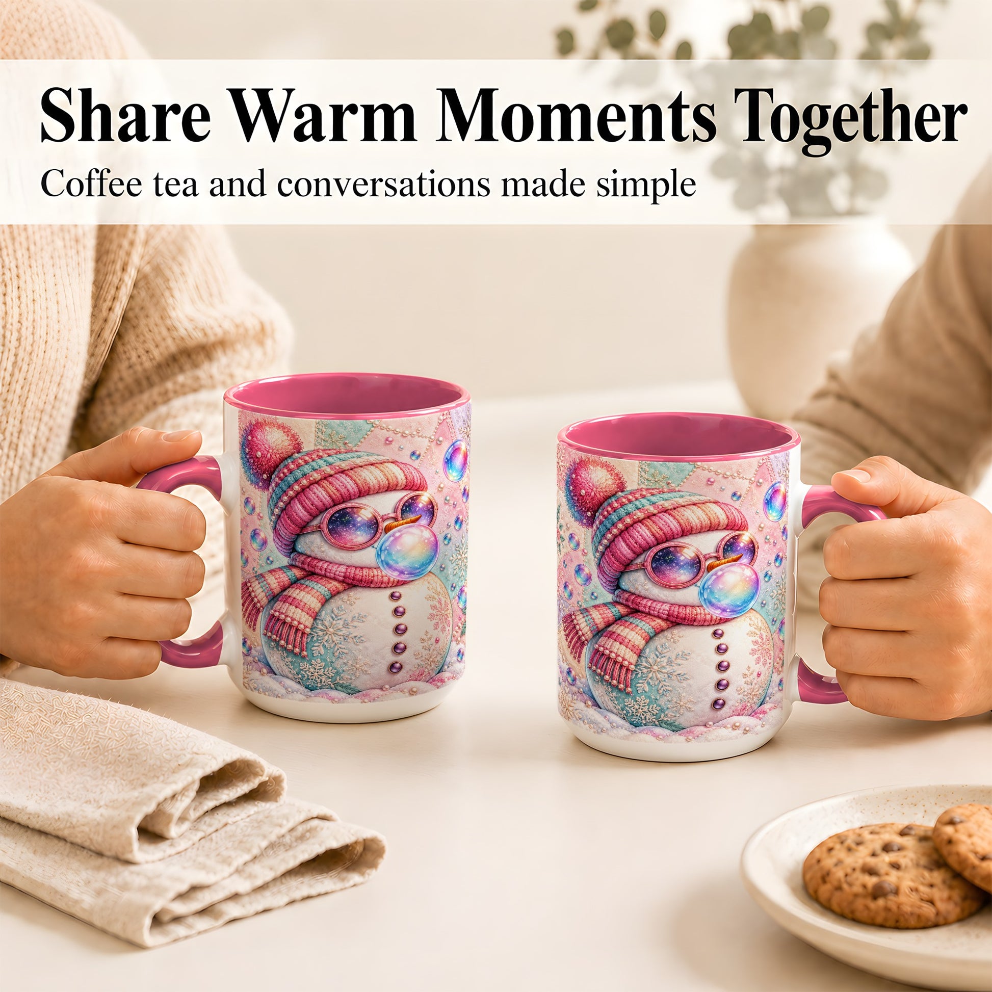 #pl[15oz|Pink] Pink Snowman Coffee Mug, Cozy Winter Snowman Mug, Ceramic Cup
