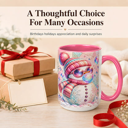 #pl[15oz|Pink] Pink Snowman Coffee Mug, Cozy Winter Snowman Mug, Ceramic Cup