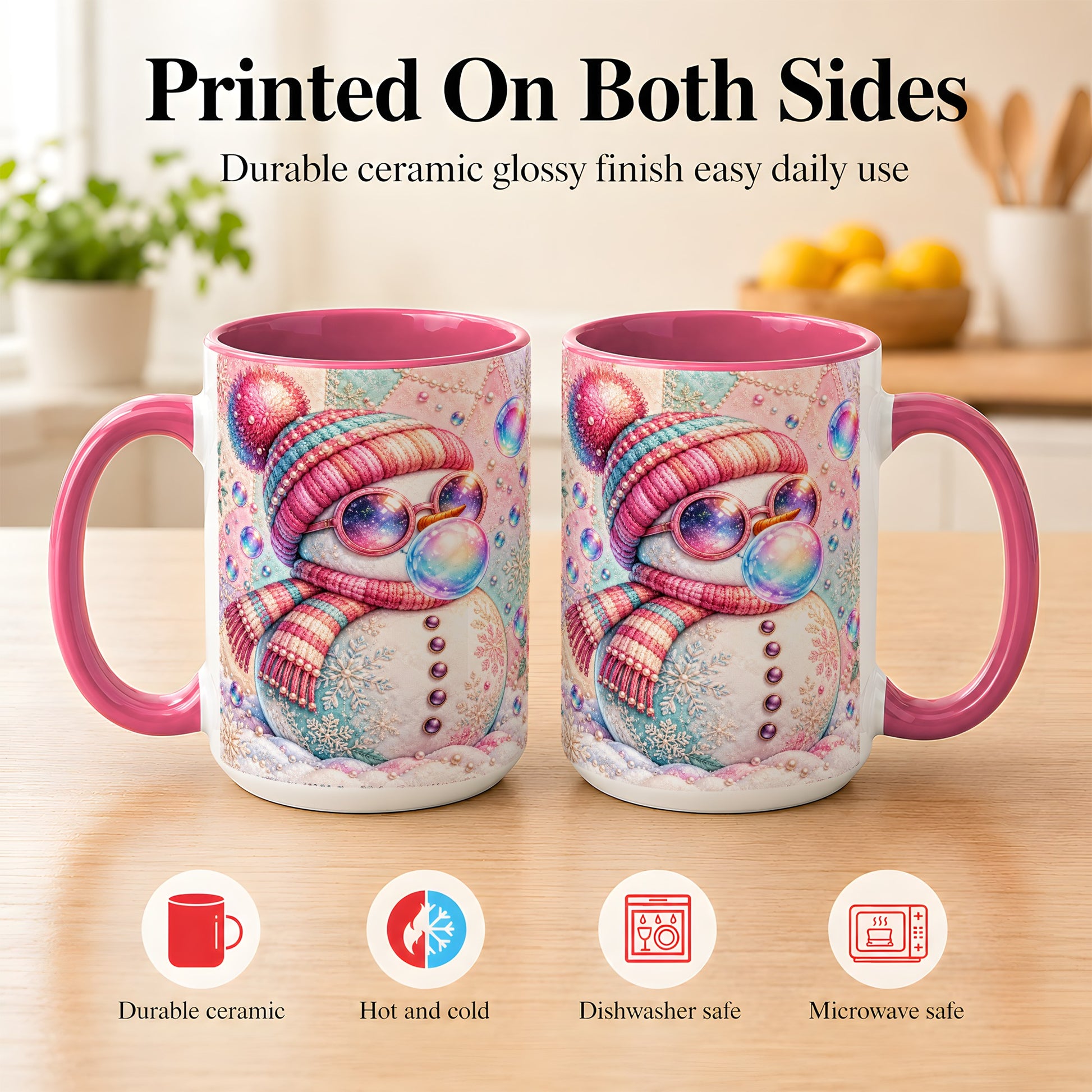 #pl[15oz|Pink] Pink Snowman Coffee Mug, Cozy Winter Snowman Mug, Ceramic Cup
