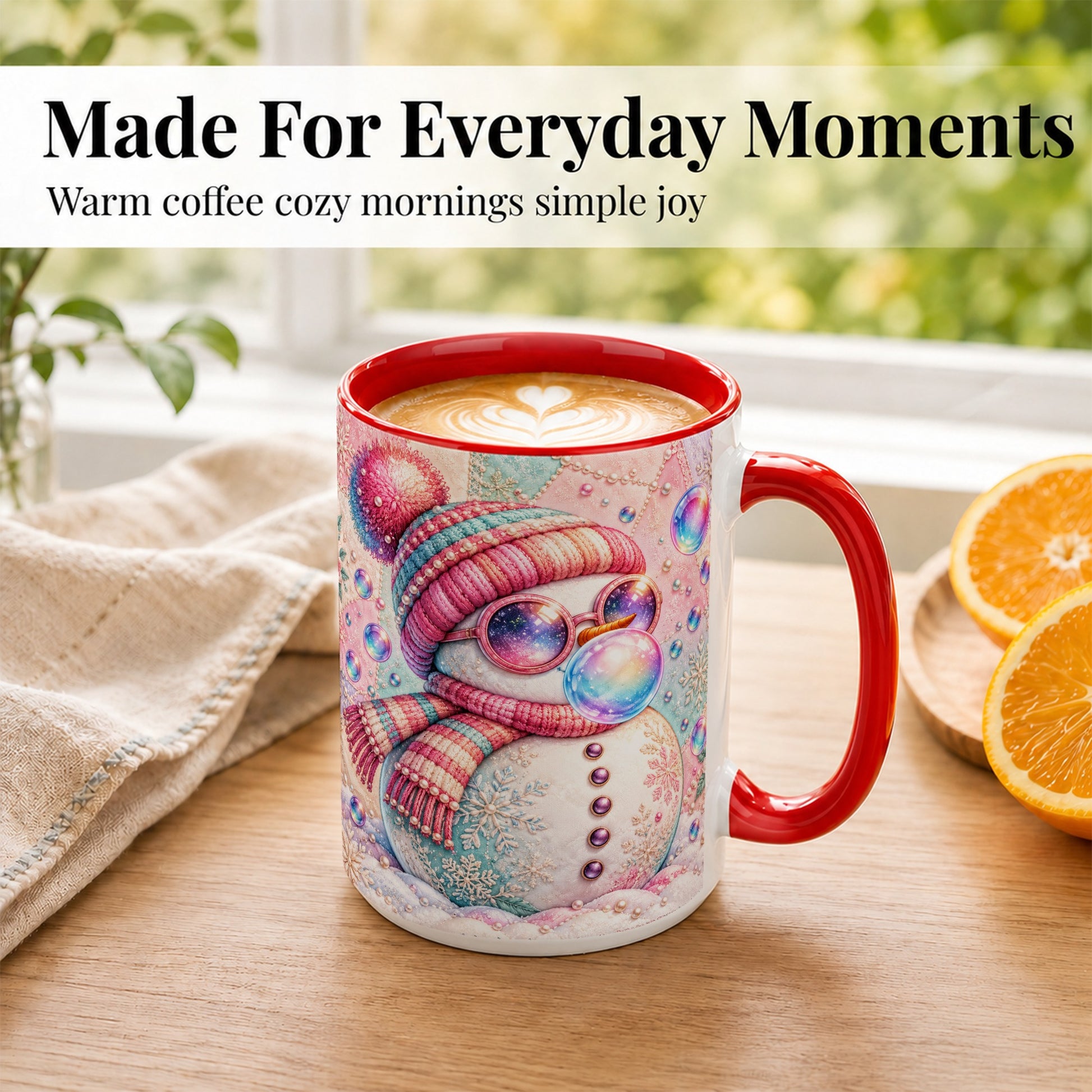 #pl[15oz|Red] Pink Snowman Coffee Mug, Cozy Winter Snowman Mug, Ceramic Cup