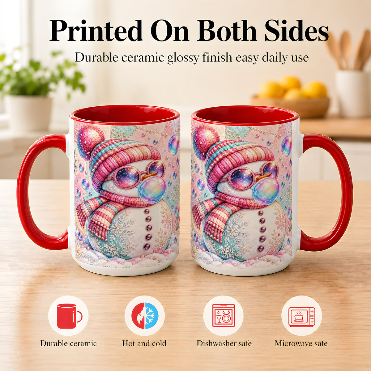 #pl[15oz|Red] Pink Snowman Coffee Mug, Cozy Winter Snowman Mug, Ceramic Cup