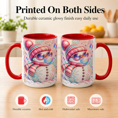 #pl[15oz|Red] Pink Snowman Coffee Mug, Cozy Winter Snowman Mug, Ceramic Cup