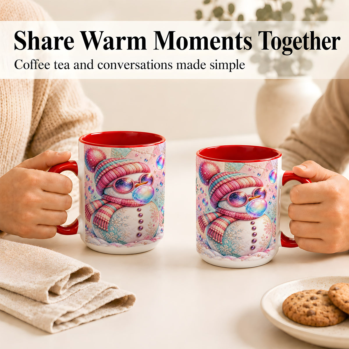#pl[15oz|Red] Pink Snowman Coffee Mug, Cozy Winter Snowman Mug, Ceramic Cup