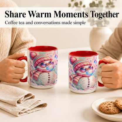 #pl[15oz|Red] Pink Snowman Coffee Mug, Cozy Winter Snowman Mug, Ceramic Cup