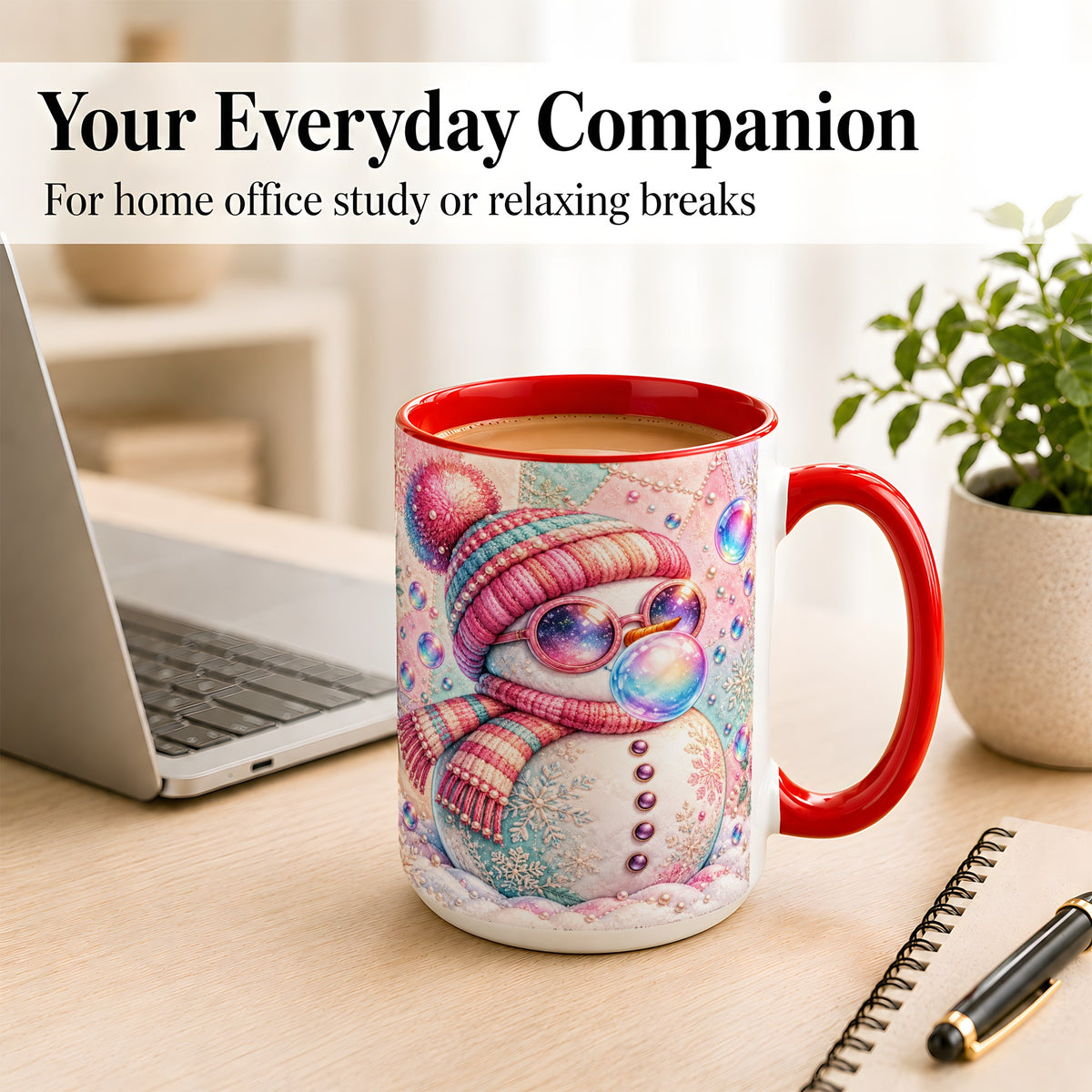 #pl[15oz|Red] Pink Snowman Coffee Mug, Cozy Winter Snowman Mug, Ceramic Cup
