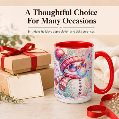 #pl[15oz|Red] Pink Snowman Coffee Mug, Cozy Winter Snowman Mug, Ceramic Cup