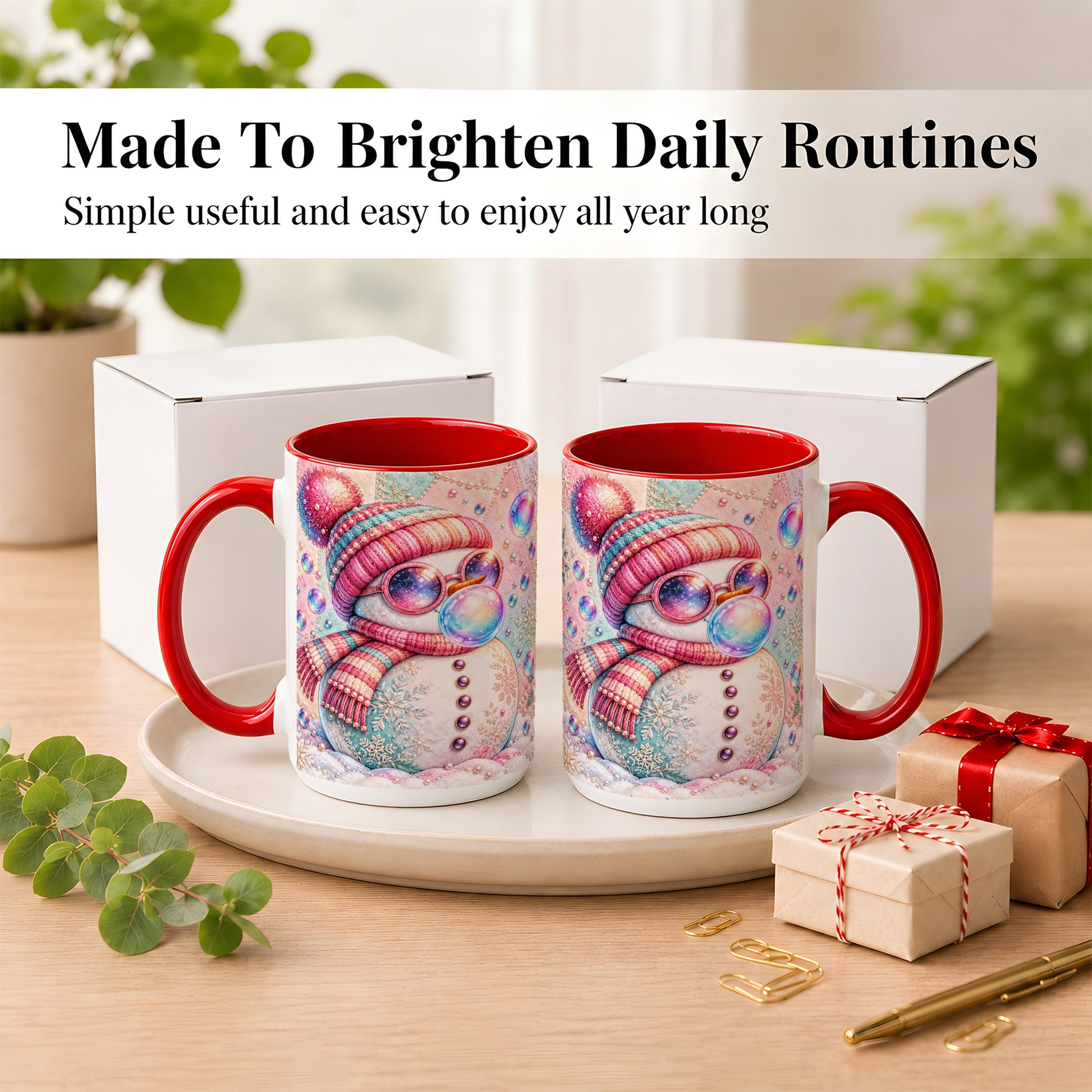 #pl[15oz|Red] Pink Snowman Coffee Mug, Cozy Winter Snowman Mug, Ceramic Cup