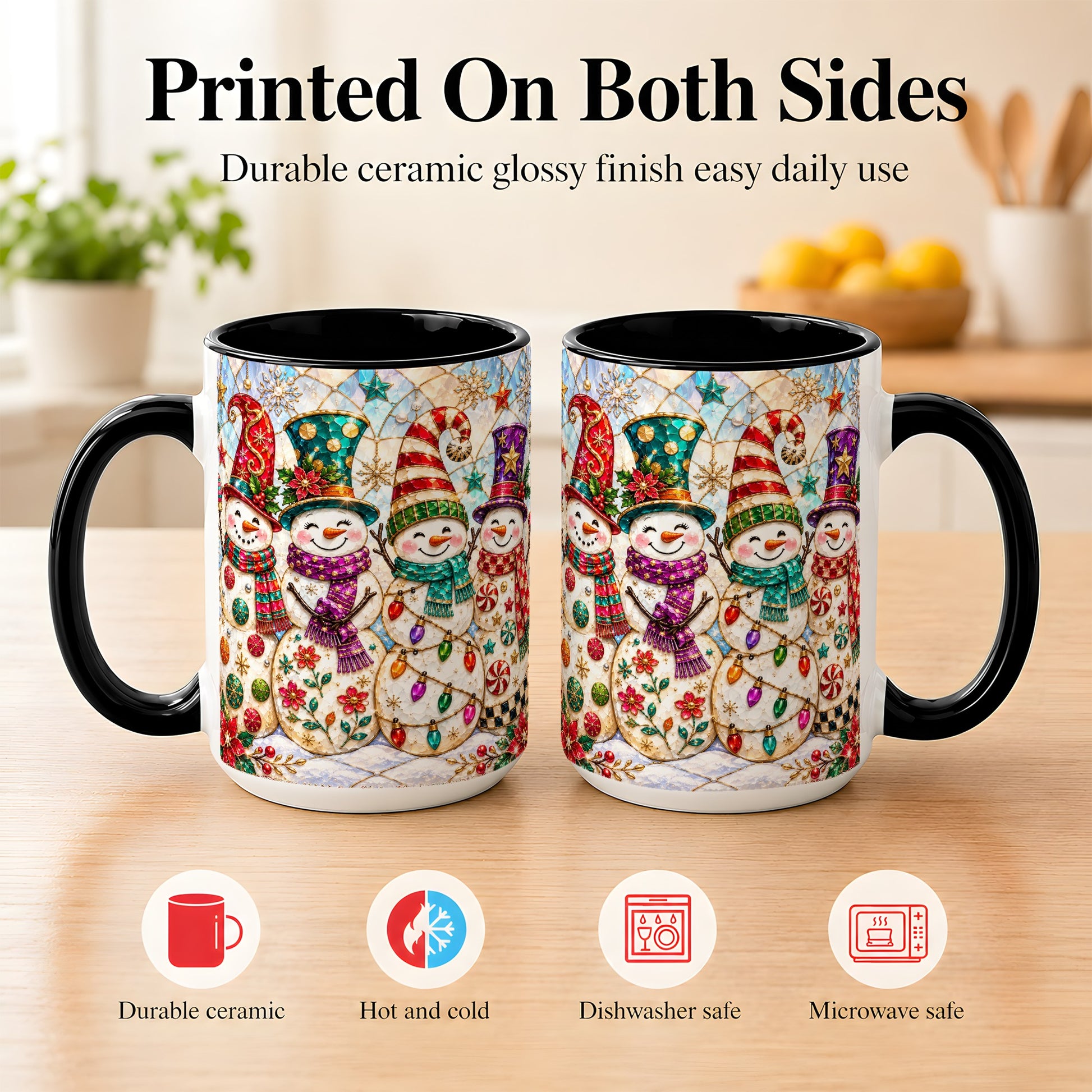 #pl[15oz|Black] Snowman Family Coffee Mug, Christmas Snowman Mug, Ceramic Cup