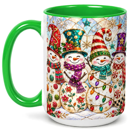 #pl[15oz|Green] Snowman Family Coffee Mug, Christmas Snowman Mug, Ceramic Cup