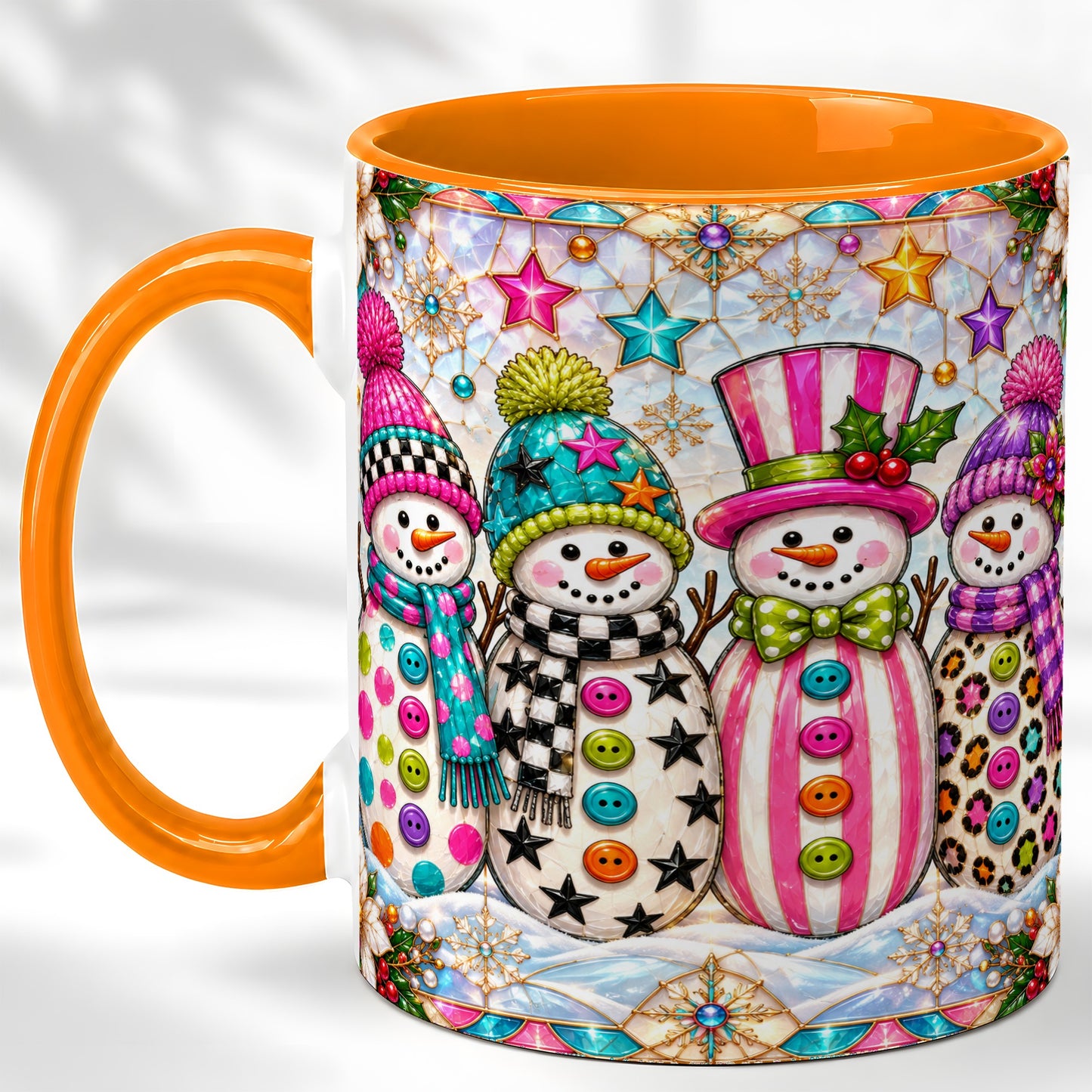 #pl[11oz|Orange] Colorful Snowman Crew Coffee Mug, Christmas Snowman Mug, Ceramic Cup