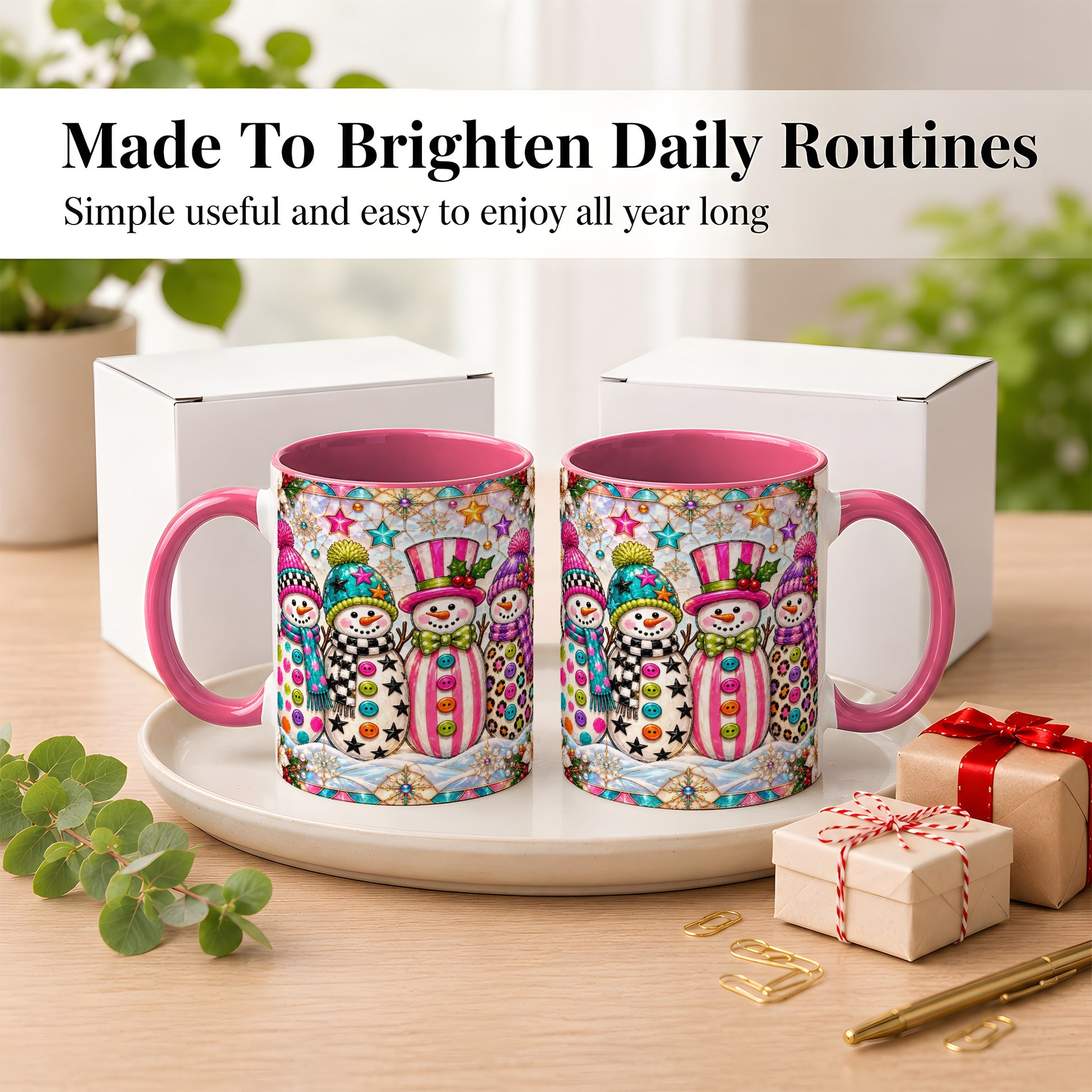 #pl[11oz|Pink] Colorful Snowman Crew Coffee Mug, Christmas Snowman Mug, Ceramic Cup