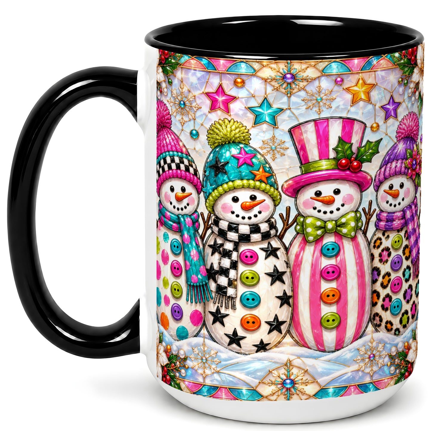 #pl[15oz|Black] Colorful Snowman Crew Coffee Mug, Christmas Snowman Mug, Ceramic Cup