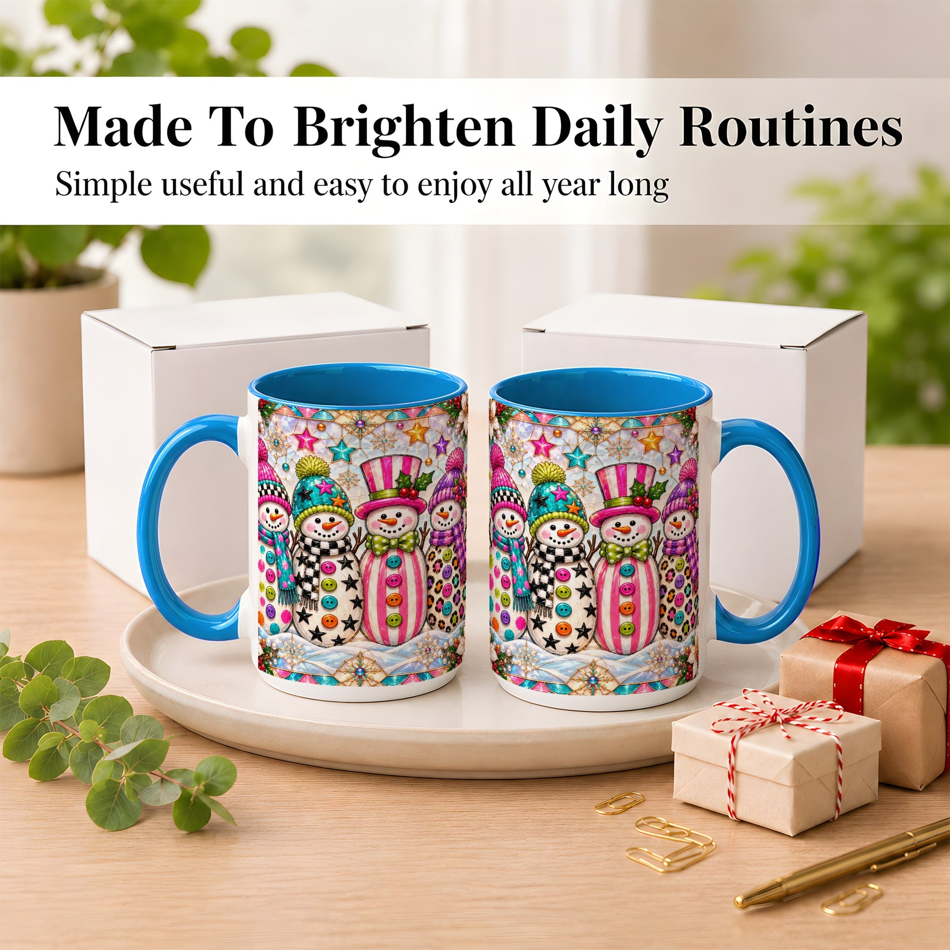 #pl[15oz|Blue] Colorful Snowman Crew Coffee Mug, Christmas Snowman Mug, Ceramic Cup