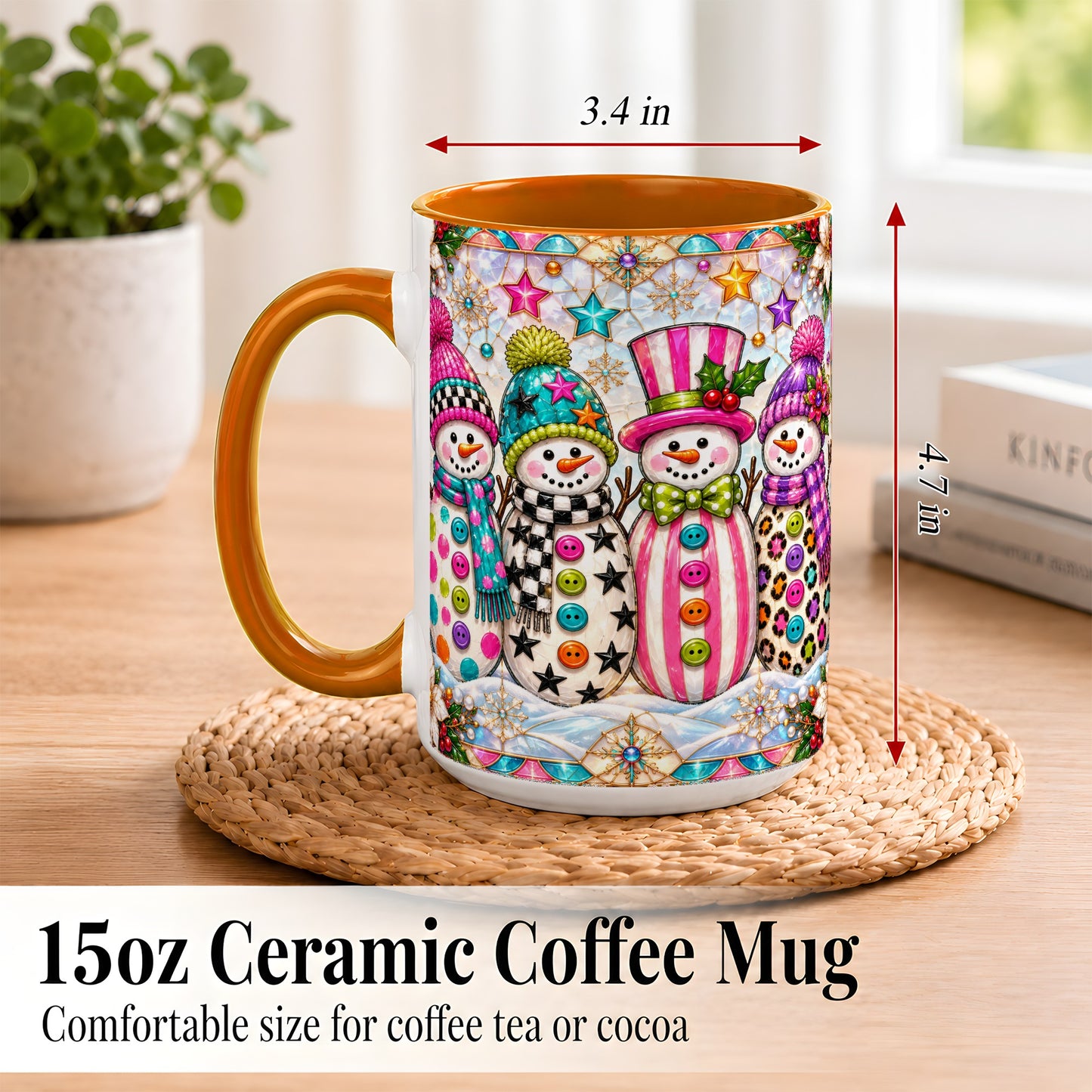 #pl[15oz|Orange] Colorful Snowman Crew Coffee Mug, Christmas Snowman Mug, Ceramic Cup