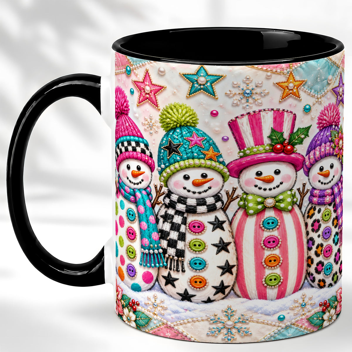 #pl[11oz|Black] Patchwork Snowman Coffee Mug, Colorful Christmas Snowman Mug, Ceramic Cup