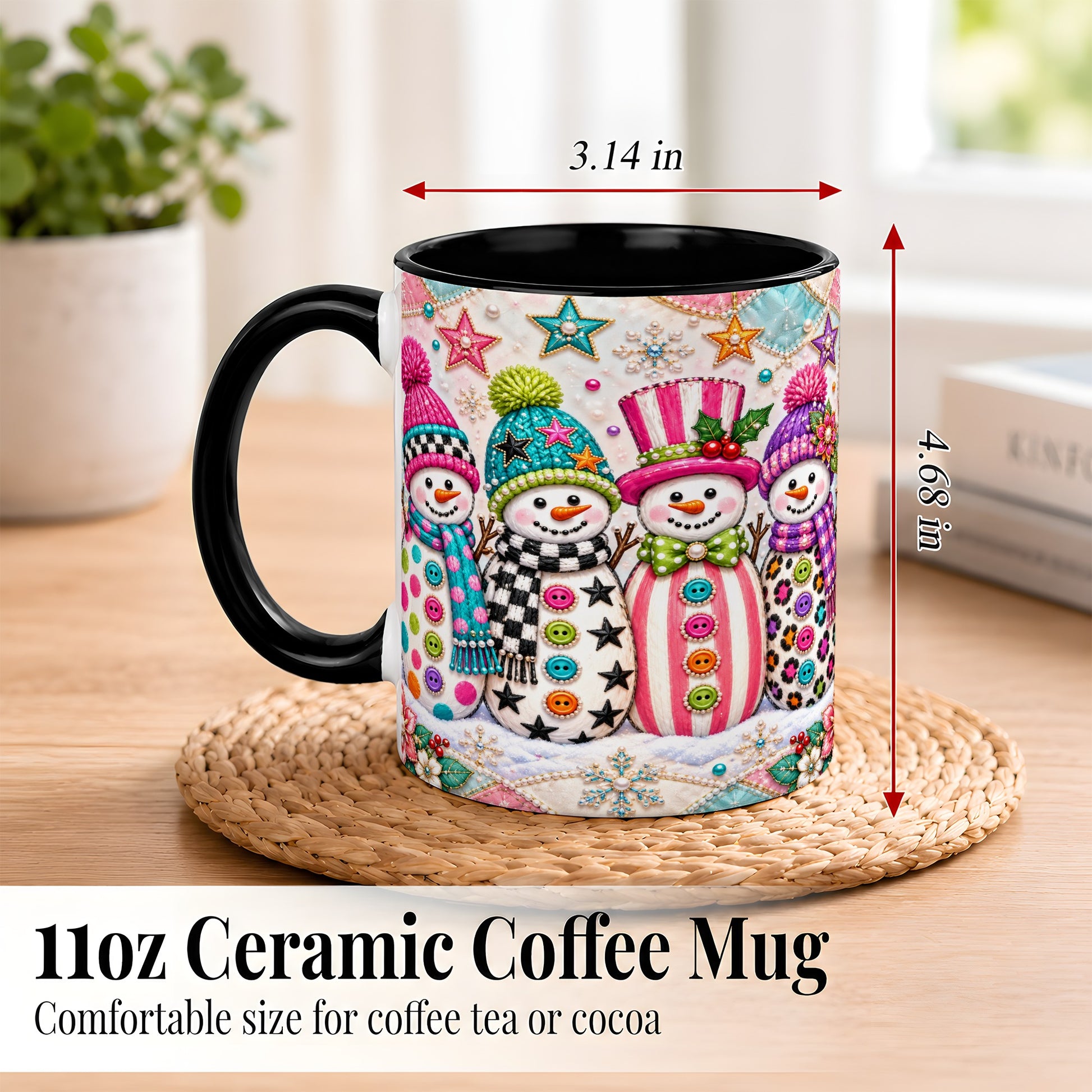 #pl[11oz|Black] Patchwork Snowman Coffee Mug, Colorful Christmas Snowman Mug, Ceramic Cup