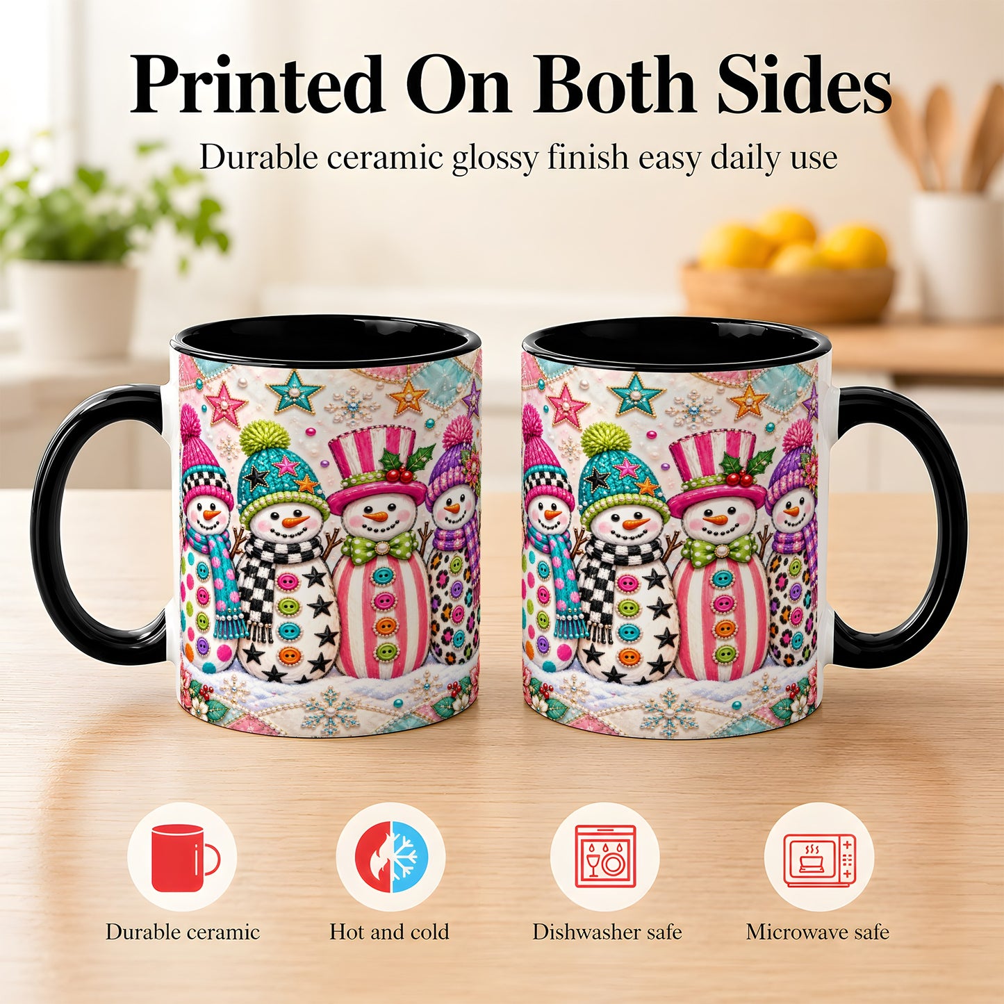 #pl[11oz|Black] Patchwork Snowman Coffee Mug, Colorful Christmas Snowman Mug, Ceramic Cup
