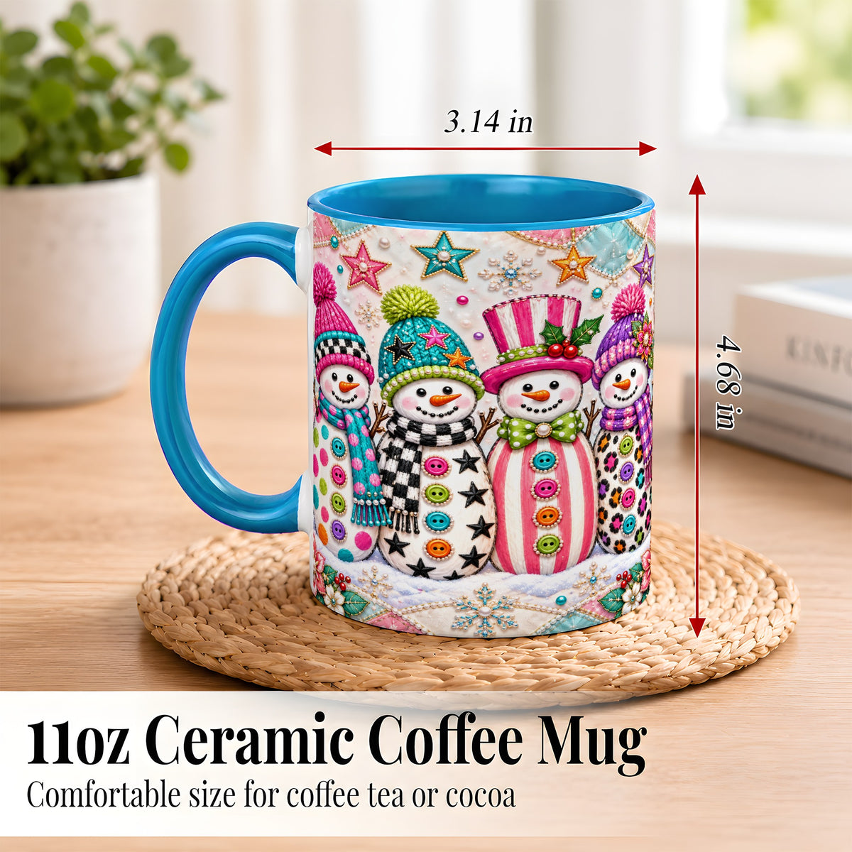 #pl[11oz|Blue] Patchwork Snowman Coffee Mug, Colorful Christmas Snowman Mug, Ceramic Cup