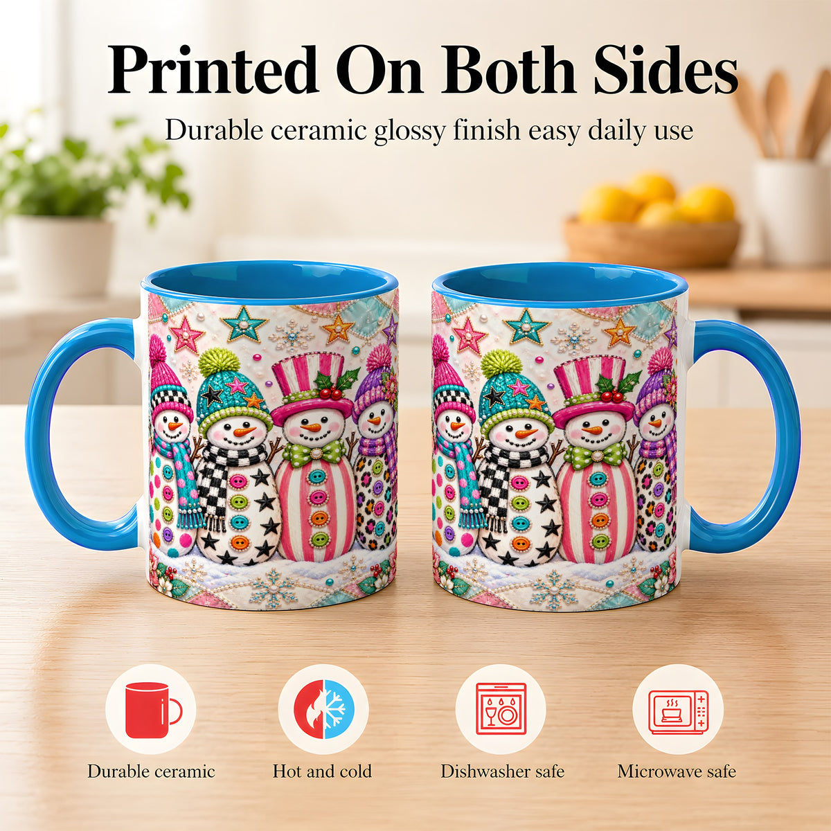 #pl[11oz|Blue] Patchwork Snowman Coffee Mug, Colorful Christmas Snowman Mug, Ceramic Cup