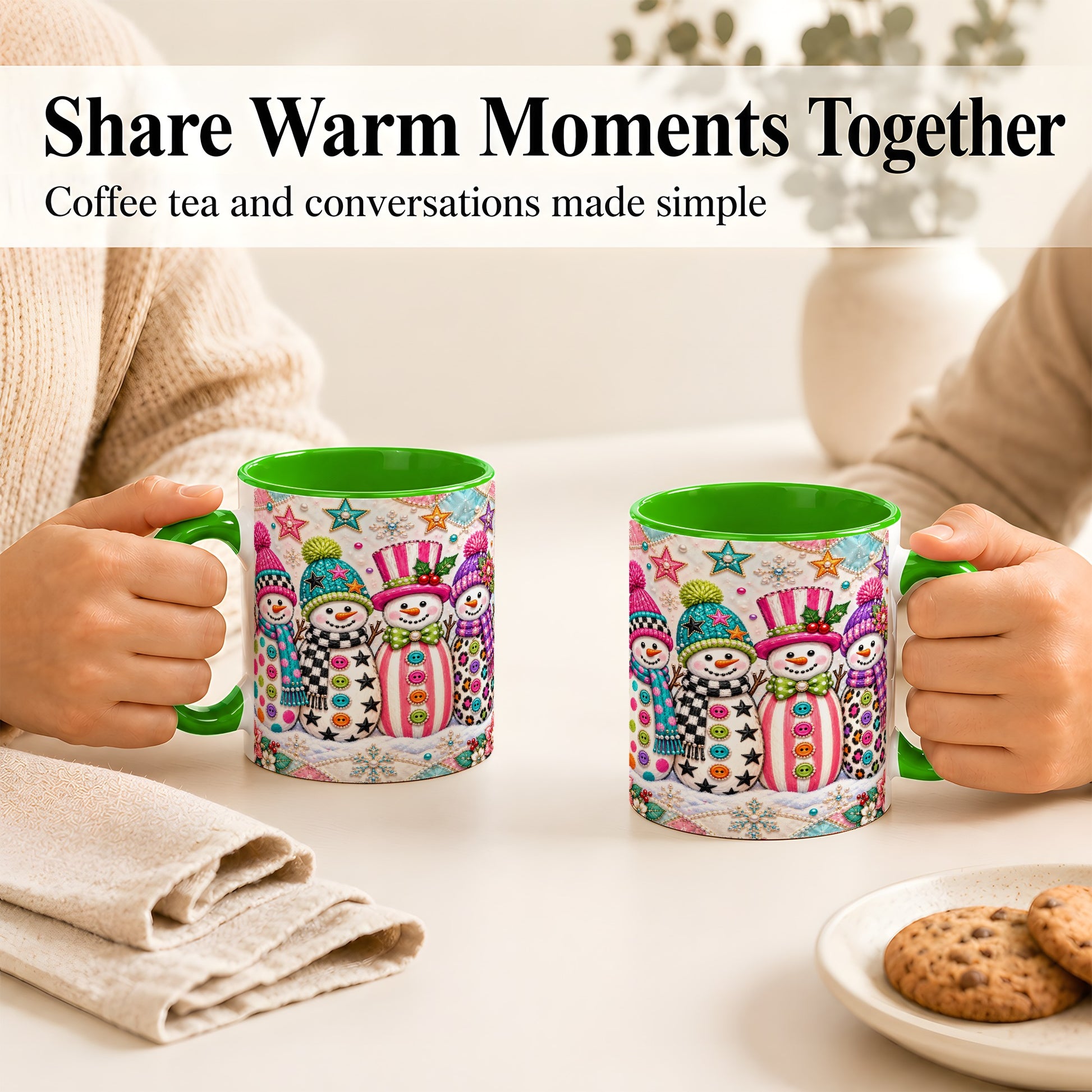 #pl[11oz|Green] Patchwork Snowman Coffee Mug, Colorful Christmas Snowman Mug, Ceramic Cup