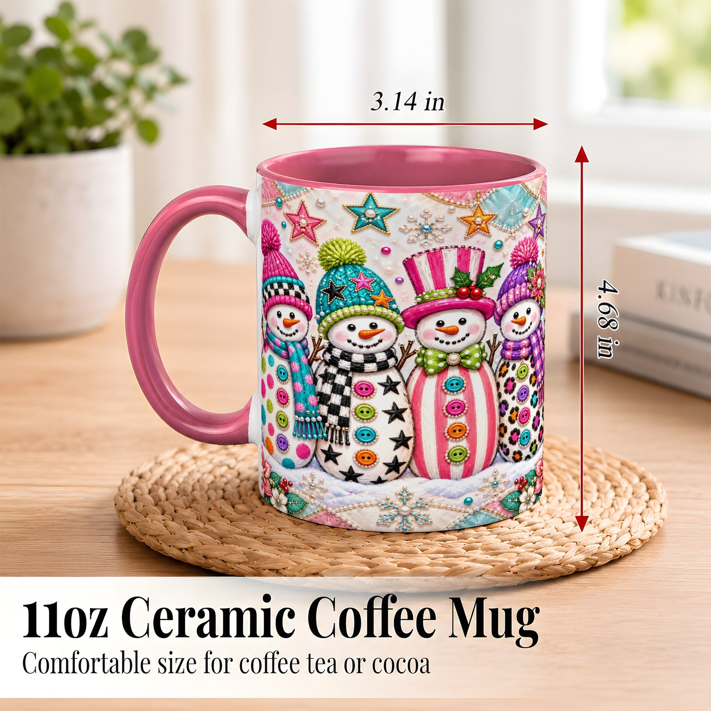 #pl[11oz|Pink] Patchwork Snowman Coffee Mug, Colorful Christmas Snowman Mug, Ceramic Cup